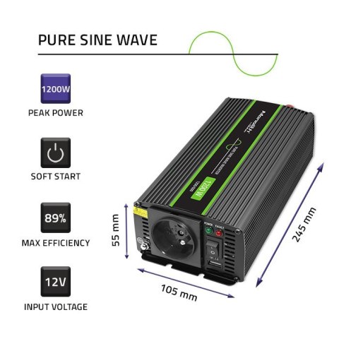 Przetwornica napięcia Monolith | 600W | 1200W | 12V na 230V | Czysty Sinus