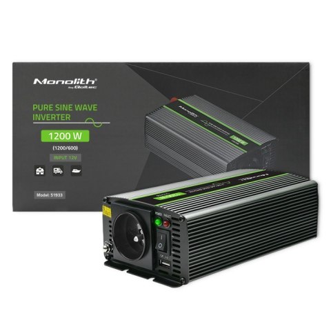 Przetwornica napięcia Monolith | 600W | 1200W | 12V na 230V | Czysty Sinus