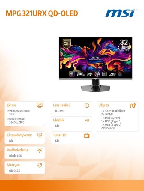 Monitor 31.5 cala MPG 321URX QD-OLED QD-OLED/LED/UHD/Flat/240Hz/czarny