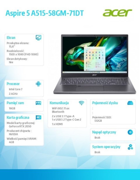 Laptop Aspire 5 A515-58GM-71DT i7-13620H/15.6 FHD/16GB/512GB/GeForce RTX 2050/NoOS