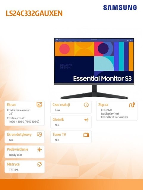 Monitor 24 cale LS24C332GAUXEN IPS 1920x1080 FHD 16:9 1xHDMI 1xDP 4ms(GT) 100Hz płaski 2 lata d2d Monitor 24 cale LS24C332GAUXEN IPS 1920x1080 FHD 16:9 1xHDMI 1xDP 4ms(GT) 100Hz płaski 2 lata d2d