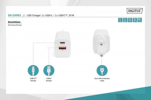 Ładowarka sieciowa zasilacz 1x USB-A 12W 1x USB-C 18W PD 3.0 max. 30W Biała