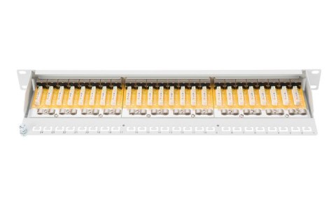 Patch panel 19" 24 porty, kat.6, S/FTP, 1U, wspornik kablowy, szary (kompletny)