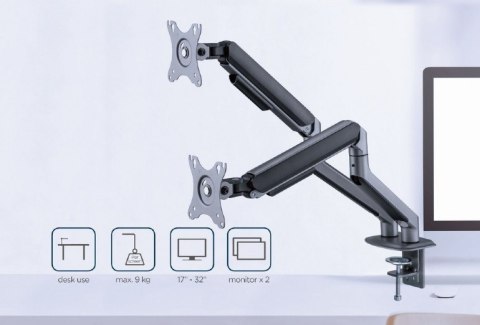 Ramię biurkowe na 2 monitory 17-32 cali 9kg szare