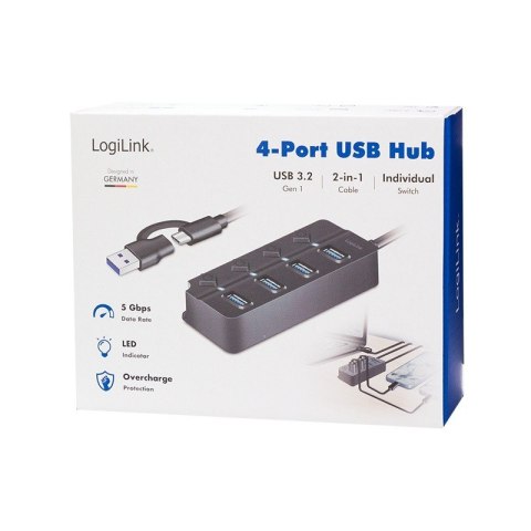 HUB 4xUSB-A, Gen1, 4x ON/OFF, czarny