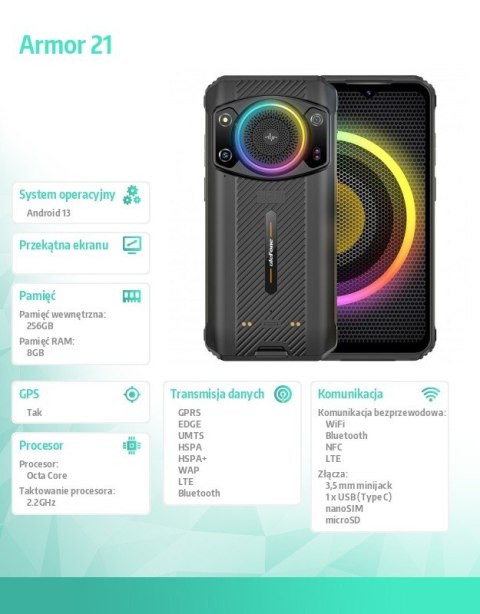 Smartfon Armor 21 4G 8/256GB IP69K głośnik 122dB RGB Czarny