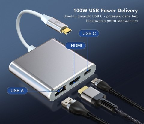 Adapter HUB USB C 3w1 - HDMI, USB, PD srebrny