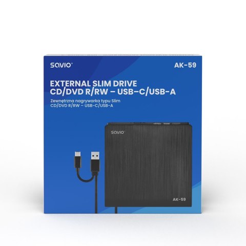 Zewnętrzna nagrywarka typu Slim CD/DVD R/RW, USB-C/USB-A, AK-59