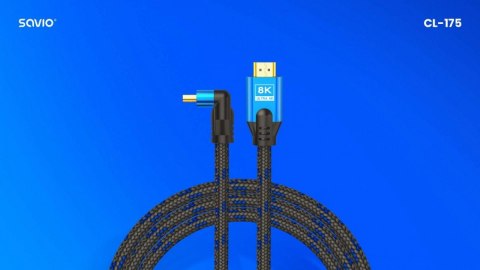 Kabel HDMI (M) v2.1, kątowy, 5m, 8K, miedź, niebiesko-czarny, złote końcówki, ethernet/3D, CL-175