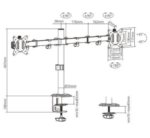 Ramię dla dwóch monitorów biurkowe (regulowane), 17 cale- 32 cale, do 9kg