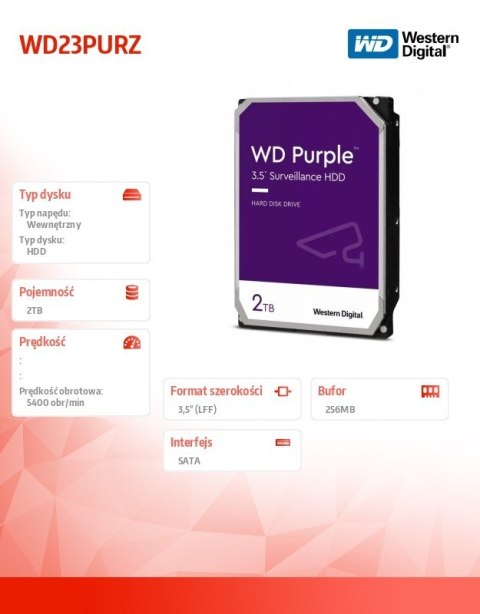 Dysk twardy WD Purple 2TB 3,5 256 MB 5400RPM WD23PURZ