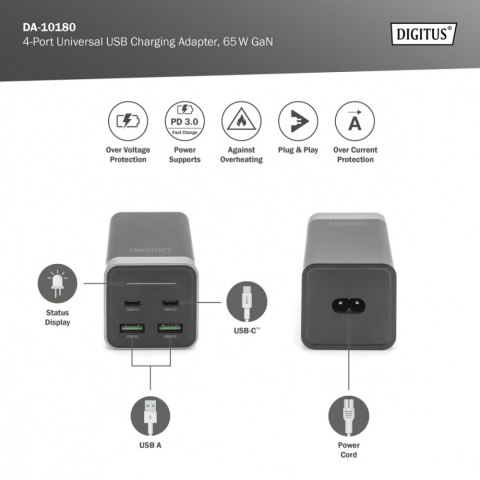 Ładowarka sieciowa uniwersalna, zasilacz GaN, 4 porty 2x USB-C 2x USB-A PD 3.0 65W Czarna