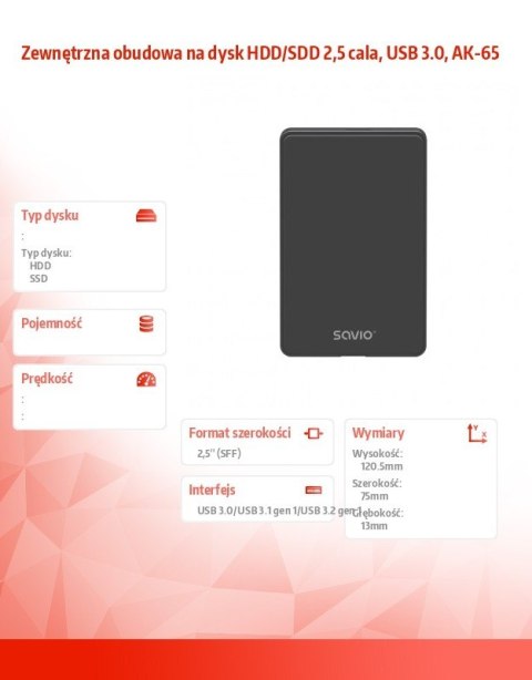 Zewnętrzna obudowa na dysk HDD/SDD 2,5 cala, USB 3.0, AK-65