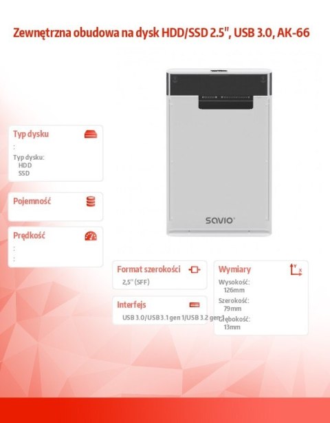 Zewnętrzna obudowa na dysk HDD/SSD 2.5", USB 3.0, AK-66, transparentna