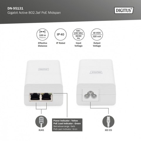 Zasilacz/Adapter PoE 802.3af, max. 48V 15.4W Gigabit 10/100/1000 Mbps, aktywny, Biały