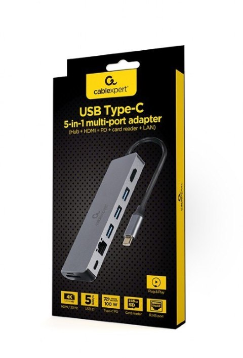 Hub USB-C do HDMI 1xUSB-C GbE 2xUSB-A Card PD