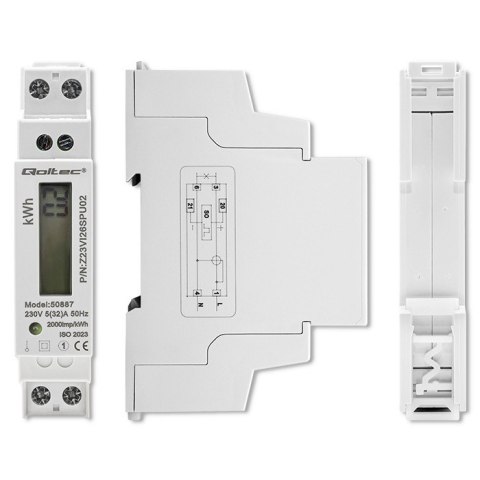 Jednofazowy elektroniczny licznik | miernik zużycia energii na szynę DIN | 230V | LCD | 2P | Slim