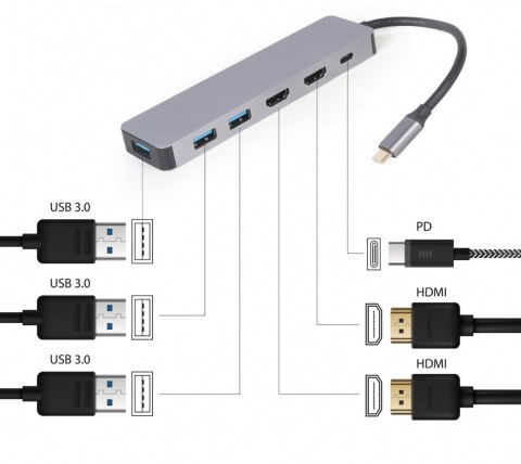 Adapter USB-C Hub USB-C PD HDMI x2 USB 3.0x3