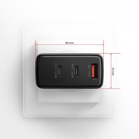 ACU-DPQ100 Ładowarka sieciowa GaN 100W, 3x port (USB-A + dual USB-C) PD3.0/QC4+/PPS/Apple Czarna