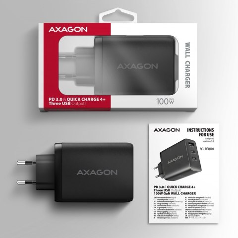 ACU-DPQ100 Ładowarka sieciowa GaN 100W, 3x port (USB-A + dual USB-C) PD3.0/QC4+/PPS/Apple Czarna