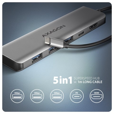 HMC-5H Wieloportowy hub USB-C 3.2 Gen 1, 3x USB-A, 4K HDMI, PD 100W, 100cm USB-C kabel