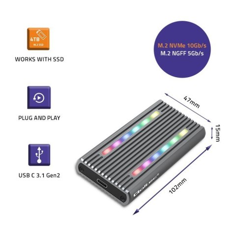 Obudowa | kieszeń na dysk M.2 SSD | SATA | NVMe | RGB LED | USB-C| 4TB