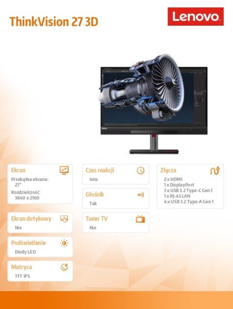 Monitor ThinkVision 3D 27 cali WLED 63F1UAT3EU