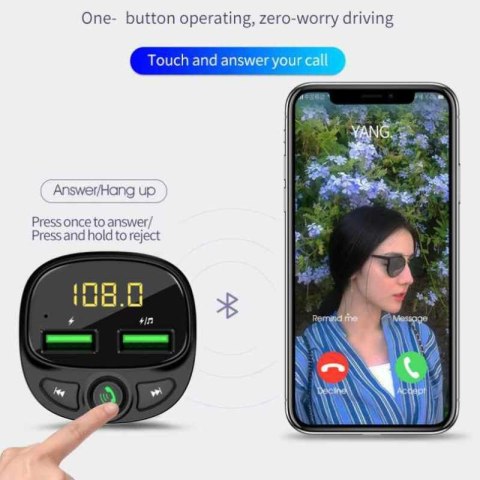 Transmiter FM Bluetooth / MicroSD / 2x USB-A + Ładowarka samochodowa 17W Czarny