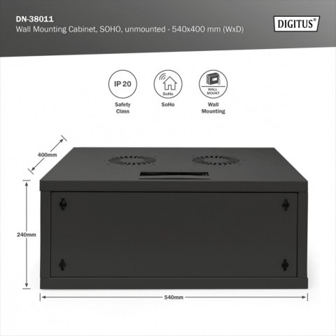 Szafa sieciowa wisząca 19" 4U, SOHO 241 x 540 x 400 mm, nośność 60kg, drzwi szyba, niezłożona, Czarna