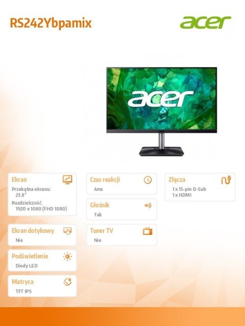 Monitor 23.8 cala RS242Ybpamix IPS 4MS/100Hz/HDMI/VGA/Głośnik Monitor 23.8 cala RS242Ybpamix IPS 4MS/100Hz/HDMI/VGA/Głośnik
