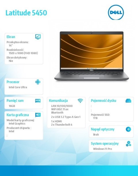 Notebook Latitude 5450 Win11Pro Ultra 7 165U/16GB/1TB SSD Gen4/14.0 FHD/Integrated/FgrPr&SmtCd/FHD/IR Cam/Mic/WLAN+BT/Backlit Kb