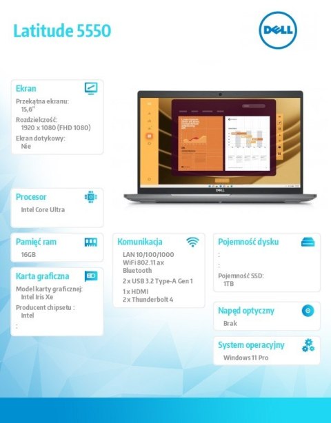 Notebook Latitude 5550 Win11Pro Ultra 7 165U/16GB/1TB SSD Gen4/15.6 FHD/Integrated/FgrPr&SmtCd/FHD/IR Cam/Mic/WLAN+BT/Backlit Kb