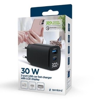 Ładowarka GaN 1xUSB-A 1xUSB-C LCD 30W PD QC3.0 czarna