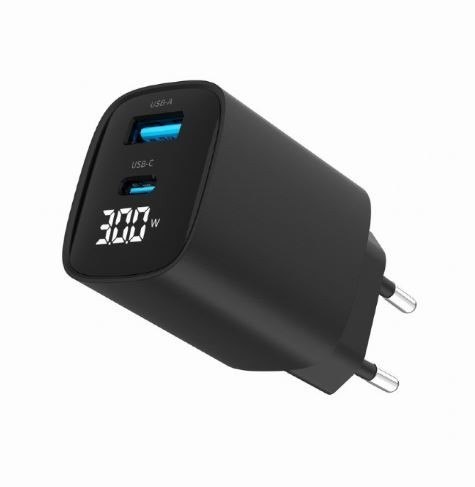 Ładowarka GaN 1xUSB-A 1xUSB-C LCD 30W PD QC3.0 czarna