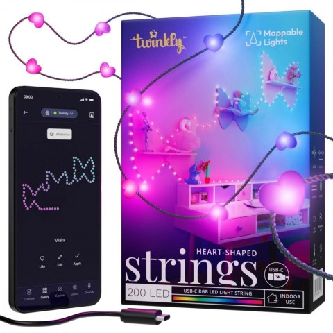 Inteligentne lampki dekoracyjne Strings USB-C (Candies) 200 LED RGB, serca, zielony przewód, 12 m