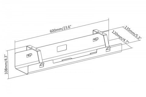 Kanał stalowy do organizacji kabli / listew zasilających pod biurkiem, z uchwytami, montaż śruby, 60cm, czarny