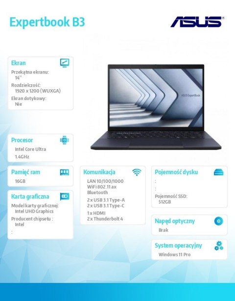 Notebook ExpertBook B3 B3404CMA-Q50360X - ultra 7 155H/16GB/512GB/14" WUXGA/Win 11 PRO/3YRS