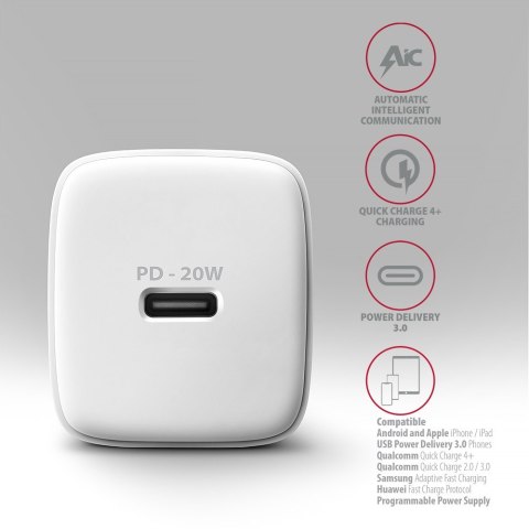 ACU-PD20W Ładowarka sieciowa PD 20W, 1x port USB-C, PD3.0/QC3.0/AFC/FCP/Apple Biała