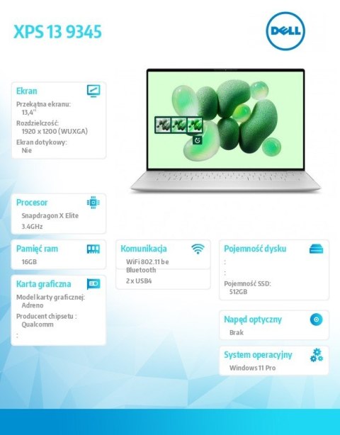 Notebook XPS 13 9345 Win11Pro XELITE12C/16GB/512GB SSD/13.4 FHD+ AntiGlare/UMA GPU/FgrPr/FHD/IR Cam/Mic/WLAN + BT/Backlit Kb/3 C