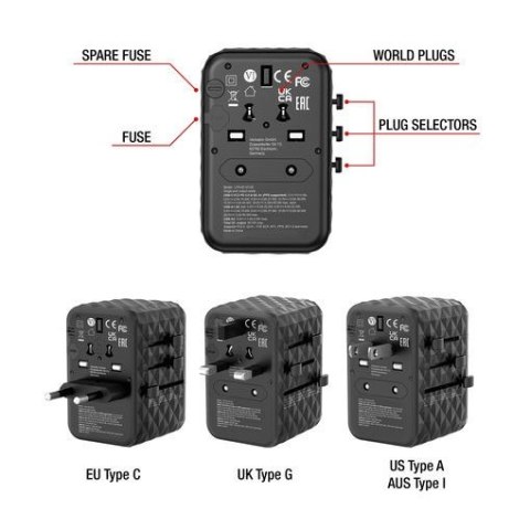 Adapter podróżny UTA-05 32120 ładowarka GaN 65W 180 krajów, 2x USB-C, 2x USB-A, PD 65W, QC 4+