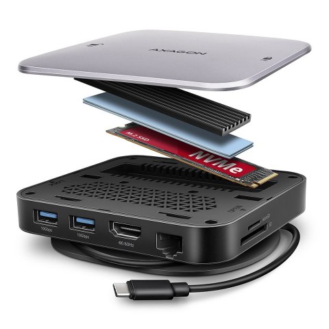 HMC-UFO Wieloportowy hub 9in1 USB-C 3.2 Gen 2 10Gbps HDMI M.2 NVMe/SATA audio PD100W microSD LAN