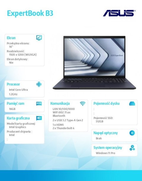 Notebook ExpertBook B3 B3604CMA-Q90306X - Ultra 5 125H/16GB/512GB/16" WUXGA/Win 11 PRO/3YRS