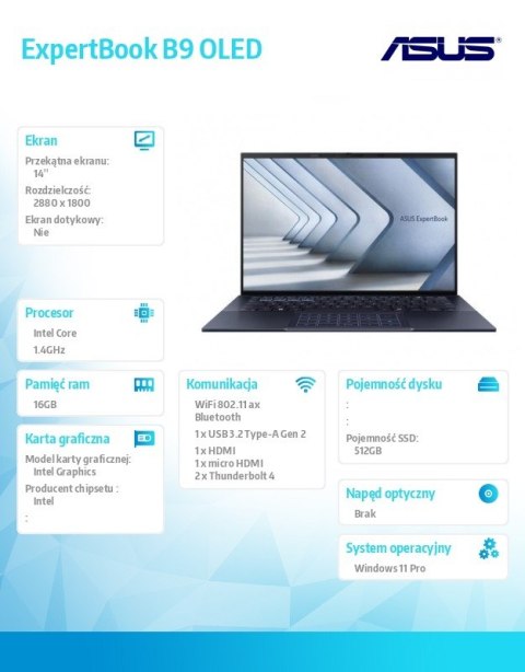 Notebook ExpertBook B9 B9403CVAR-KM0896X - 5 120U/16GB/512GB/14 WQXGA OLED/Win 11 PRO/3YRS