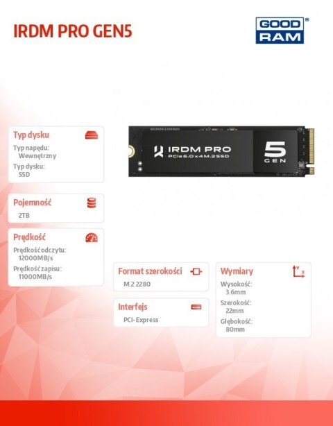 Dysk SSD IRDM PRO P54S Gen5 2TB 5x4 2280 12000/11000MB/s