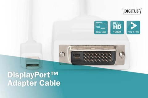 Kabel adapter Displayport 1080p 60Hz FHD Typ miniDP/DVI-D (24+1) M/M biały 2m