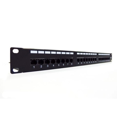 Patch panel 19" 24 porty, kat.6, U/UTP, 1U, wspornik kablowy, czarny (kompletny)