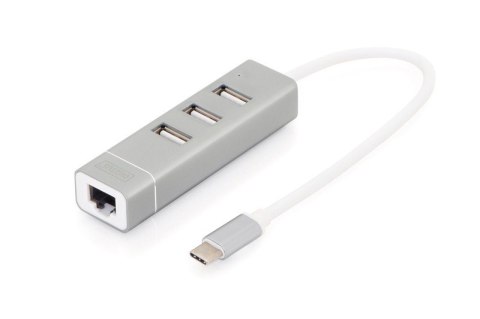 HUB/Koncentrator 3-portowy USB 2.0 HighSpeed z Typ C oraz Fast Ethernet LAN adapter, aluminium