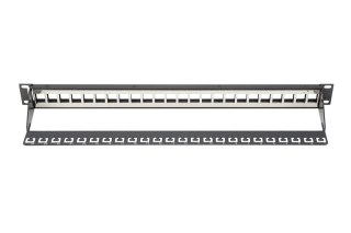 Panel krosowy (patch panel) modularny 19" 24 porty pod moduły keystone, 1U, ekranowany, prowadnica kabli, pola opisowe, czarny