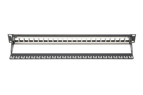 Panel krosowy (patch panel) modularny 19" 24 porty pod moduły keystone, 1U, ekranowany, prowadnica kabli, pola opisowe, czarny