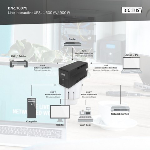 Zasilacz awaryjny UPS Line-Ineractive LCD, 1500VA/900W, 2x12V/9Ah, AVR, 4xSCHUKO, USB, RS232, RJ45